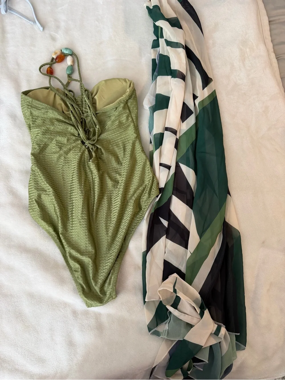 Olive Green Textured One-Piece Swimsuit with Bead Accent